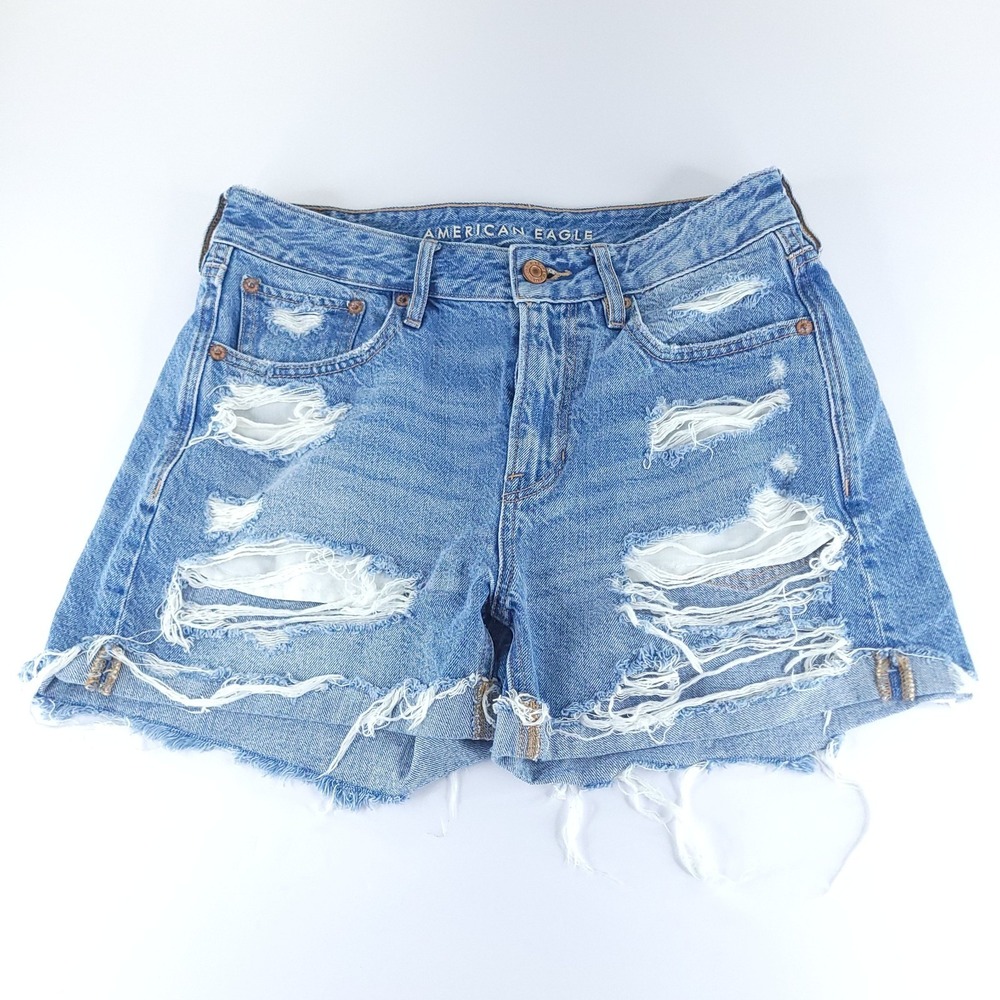 American Eagle Outfitters Tomgirl Shorts Womens 2 Blue Destroyed Denim Cuffed